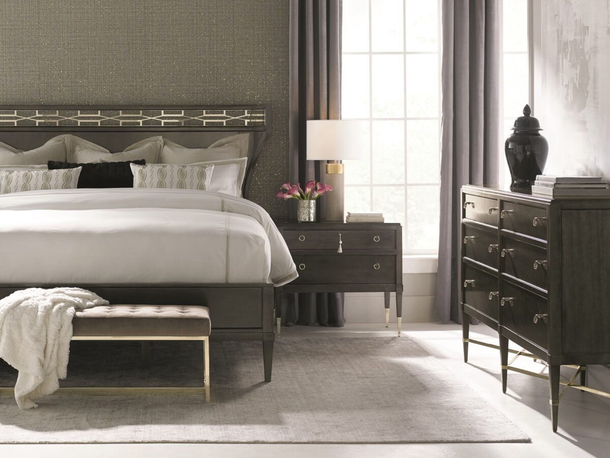 Caracole GOOD EVENING bed, featuring a commanding tall headboard with vertical channel tufting, designed for sophisticated bedrooms.