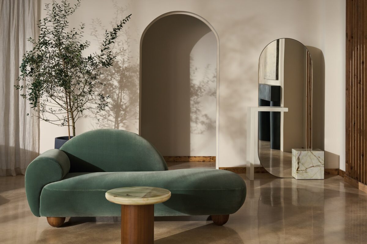 The Cypress Chaise by Caracole (model M150-023-071-A) is a luxurious, Memphis-inspired piece that combines sculptural elegance with plush comfort. Its cloud-like silhouette and rich verdigris mohair-velvet upholstery make it a standout addition to any interior.