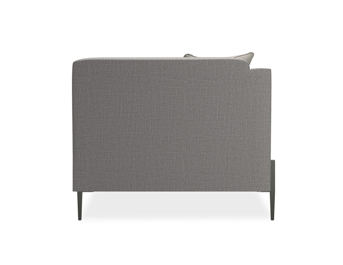 A sleek left-arm chair with a suspended frame, Smoked Stainless metal legs, and grey wool blend upholstery with tan leather welt.