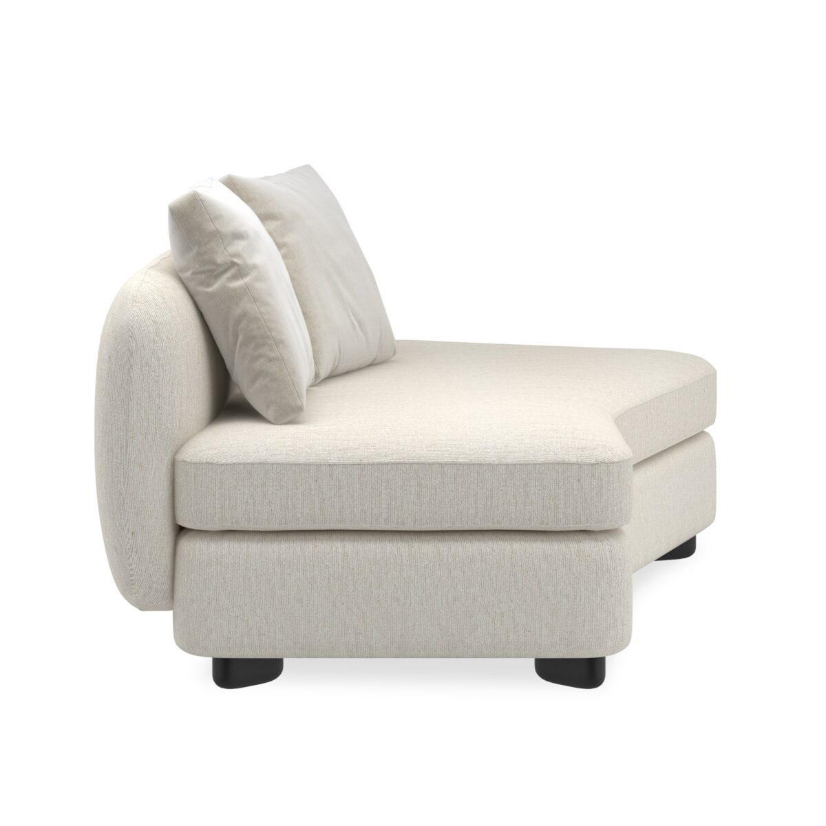 Caracole Lumi RAF Chaise featuring a gently curved silhouette, upholstered in ivory microribbed linen with mohair and wool-blend velvet cushions, and finished with Almost Black pegged wood feet.