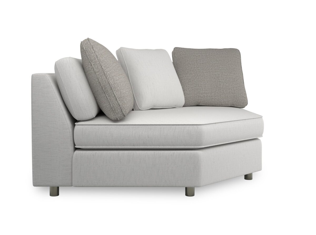 Caracole I'm Shelf-ish Corner Sofa featuring a neutral linen-like fabric with a modern herringbone pattern, wide shelf-arm design, concealed pop-up charging station, and Smoked Sable-finished Fumed Gum wood base.