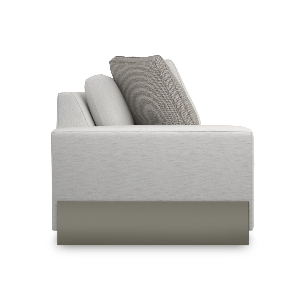 Caracole I'm Shelf-ish LAF Sofa featuring a neutral linen-like fabric with a modern herringbone pattern, wide shelf-arm design, concealed pop-up charging station, and Smoked Sable-finished Fumed Gum wood base.