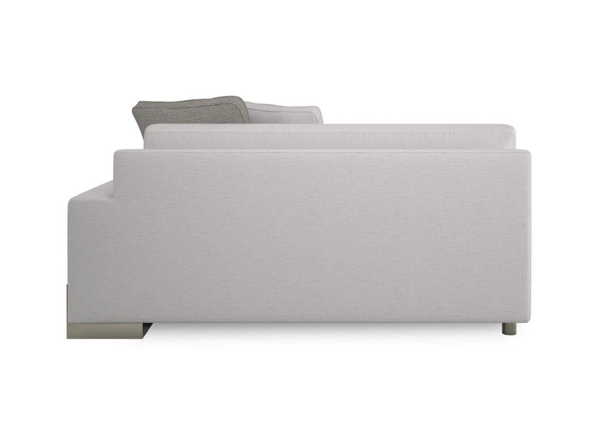 Caracole I'm Shelf-ish RAF Sofa featuring a neutral linen-like fabric with a modern herringbone pattern, wide shelf-arm design, concealed pop-up charging station, and Smoked Sable-finished Fumed Gum wood base.