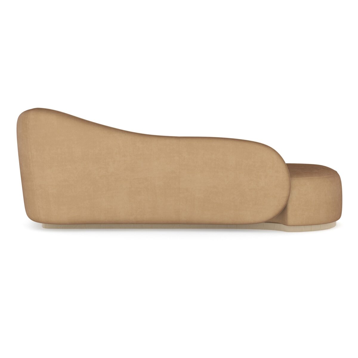 Caracole Kalahari LAF Chaise featuring a serpentine open seat, fully upholstered in camel-colored angora-like velvet, with a base finished in Sparkling Argent.