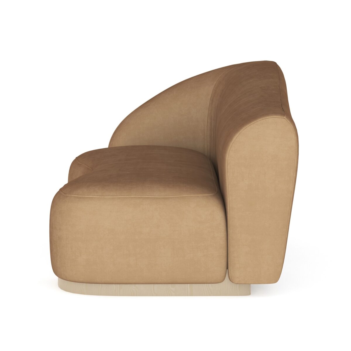 Caracole Kalahari LAF Sofa featuring a sculptural, serpentine open seat design, fully upholstered in camel-colored angora-like velvet, with a base finished in Sparkling Argent.