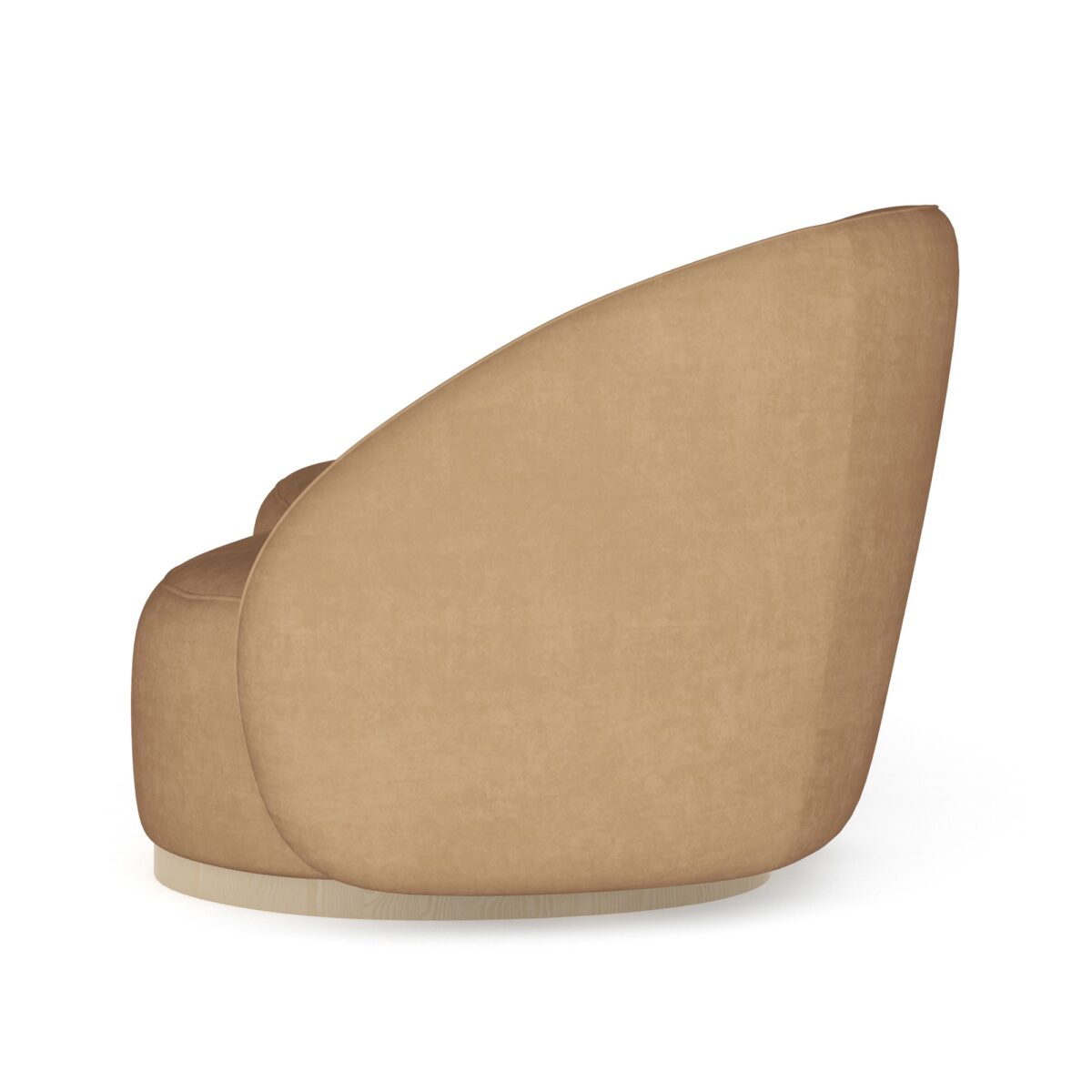 Caracole Kalahari RAF Sofa featuring a serpentine open seat, fully upholstered in camel-colored angora-like velvet, with a base finished in Sparkling Argent.