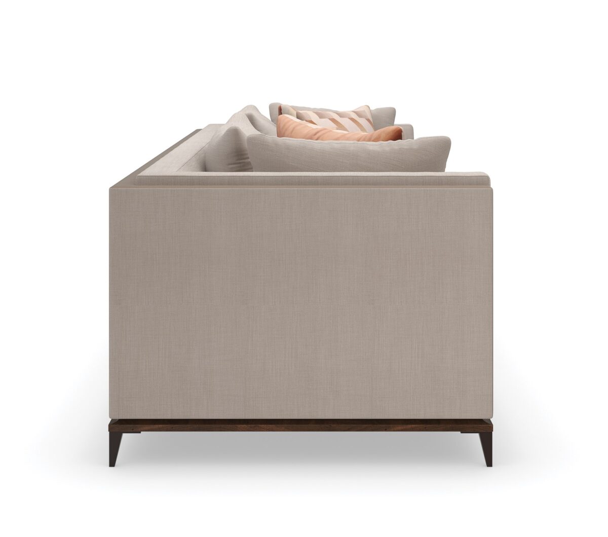 Caracole Archipelago LAF Loveseat featuring neutral twill upholstery with faux leather accents, exposed Bourbon Glaze wood base