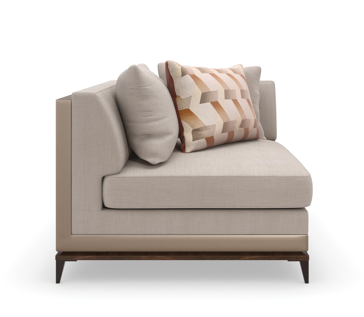 Caracole Archipelago RAF Loveseat featuring neutral twill upholstery with faux leather accents, exposed Bourbon Glaze wood base, Deep Bronze