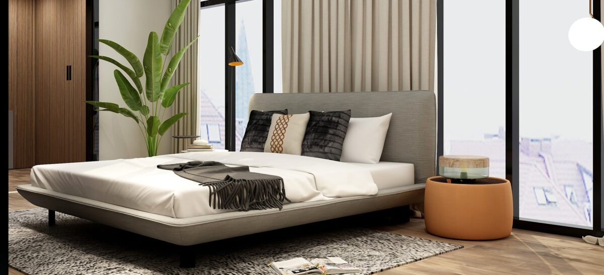 Modern platform bed with slim frame and padded headboard by Camerich.