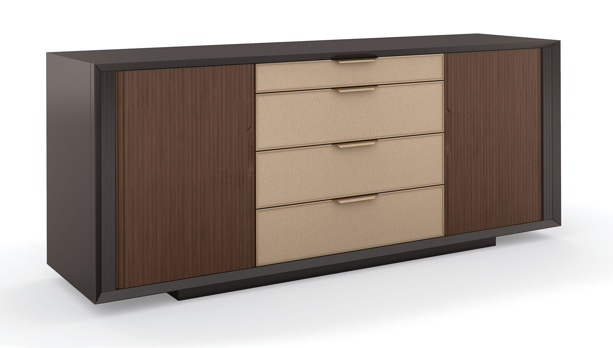 Contemporary ALL WRAPPED UP chest by Caracole, showcasing its clean lines and a subtle metallic trim or base that complements its wrapped exterior.
