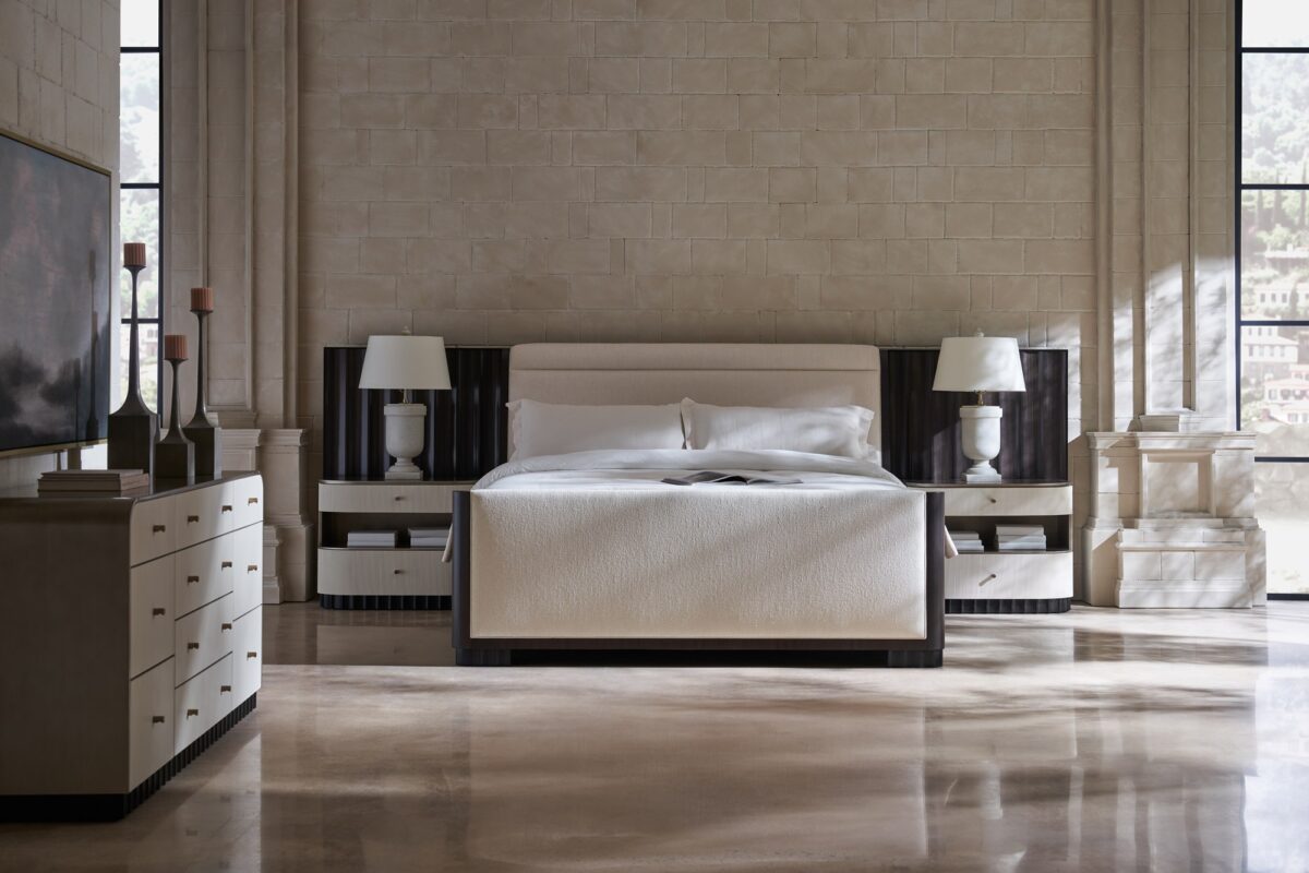 Caracole Circadian Dresser – Neoclassical-inspired 10-drawer dresser featuring micro-fluted ivory drawer fronts, a waterfall top in Whisper of Gold paint, and a contrasting Dark Chocolate scalloped base.