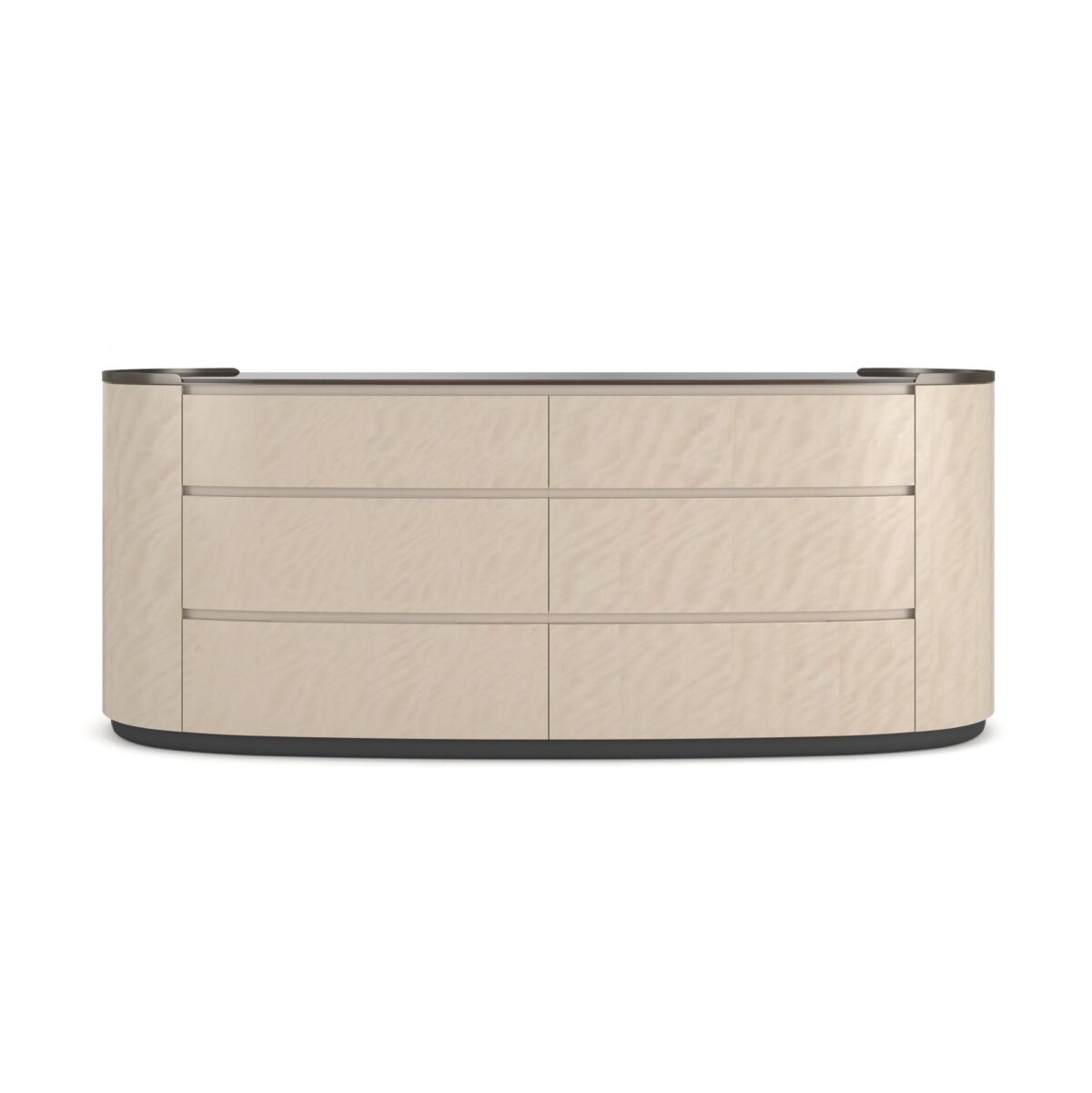 Muse Dresser by Caracole — a 79½″‑wide oval double dresser combining Nebulous‑finish Curupixa wood with a Dark Chocolate base, featuring six softly curved soft‑close drawers with grooved finger pulls, two end‑panel doors concealing jewelry and tie storage, topped with a Smoked Bronze mirrored surface framed in Deep Bronze metal.