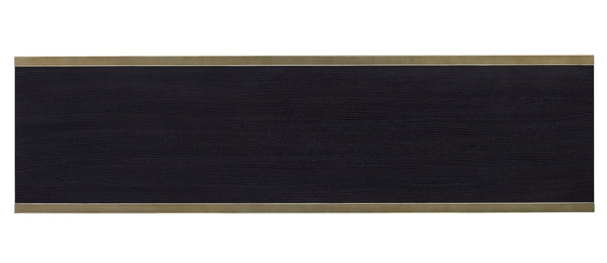 ReMix Double Dresser by Caracole — a 66″‑wide double dresser with eight soft‑close drawers; case and interior in black‑stained ash, drawer fronts in cerused oak, accented with a slim bronze‑gold metal frame and matching bronze‑painted trim, including a top‑left drawer with removable dividers.