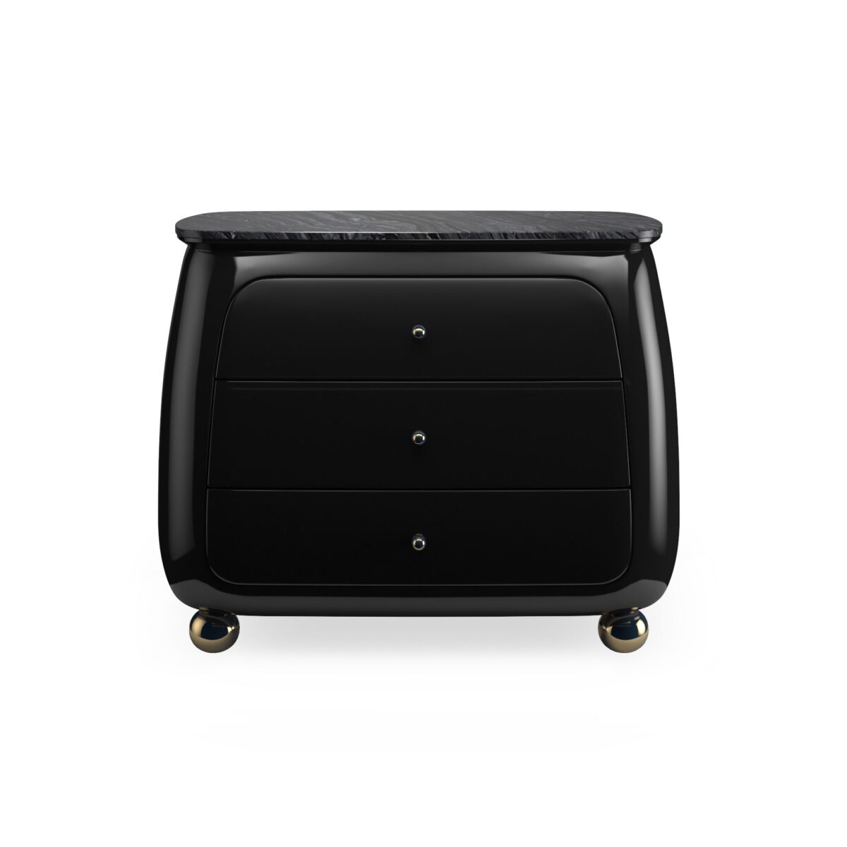Cabochon Nightstand by Caracole — a 34″‑wide sculptural nightstand with a rounded Piano Black resin frame, featuring a flat Tree Black stone top with natural black and grey veining; three curved drawers with soft-close undermount guides and Piano Black interiors; Whisper of Gold spherical metal knobs and matching ball feet complete the luxurious design.