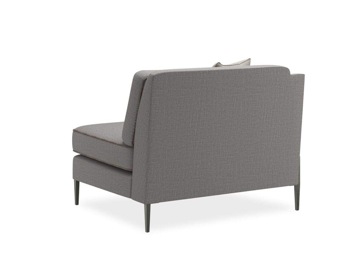 A sleek left-arm chair with a suspended frame, Smoked Stainless metal legs, and grey wool blend upholstery with tan leather welt.