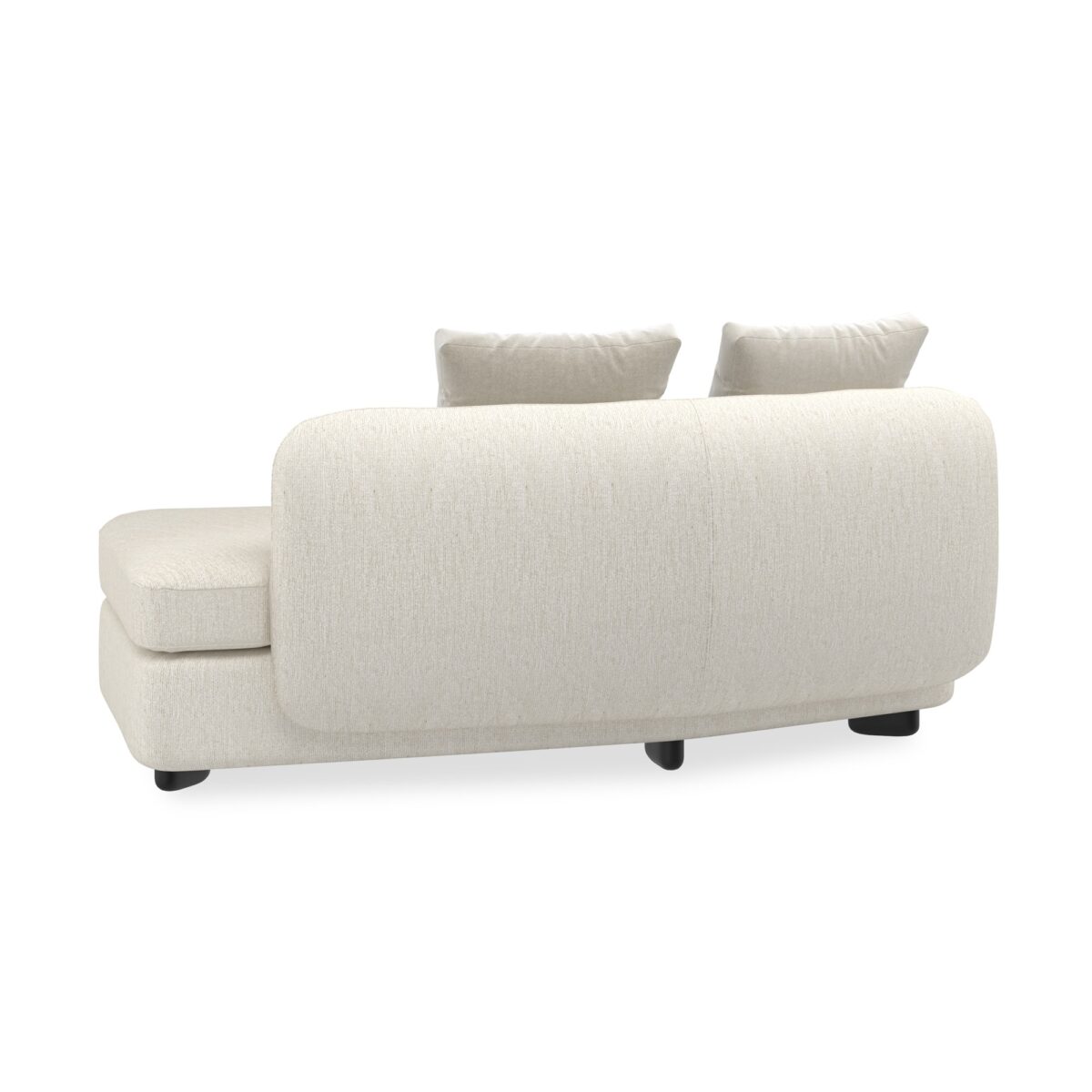 Caracole Lumi RAF Chaise featuring a gently curved silhouette, upholstered in ivory microribbed linen with mohair and wool-blend velvet cushions, and finished with Almost Black pegged wood feet.