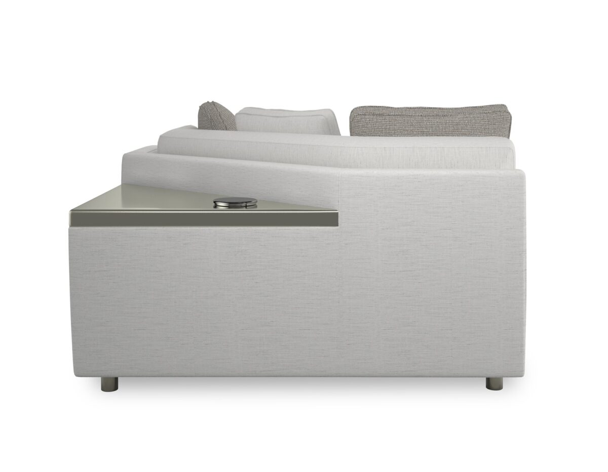 Caracole I'm Shelf-ish Corner Sofa featuring a neutral linen-like fabric with a modern herringbone pattern, wide shelf-arm design, concealed pop-up charging station, and Smoked Sable-finished Fumed Gum wood base.