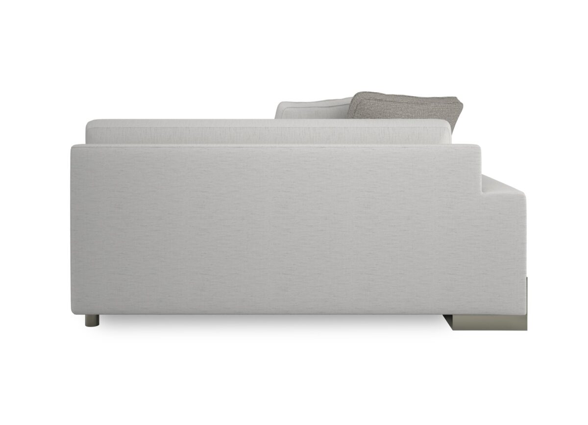 Caracole I'm Shelf-ish LAF Sofa featuring a neutral linen-like fabric with a modern herringbone pattern, wide shelf-arm design, concealed pop-up charging station, and Smoked Sable-finished Fumed Gum wood base.