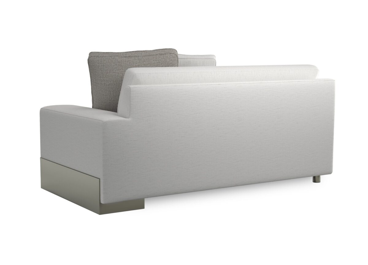 Caracole I'm Shelf-ish RAF Sofa featuring a neutral linen-like fabric with a modern herringbone pattern, wide shelf-arm design, concealed pop-up charging station, and Smoked Sable-finished Fumed Gum wood base.