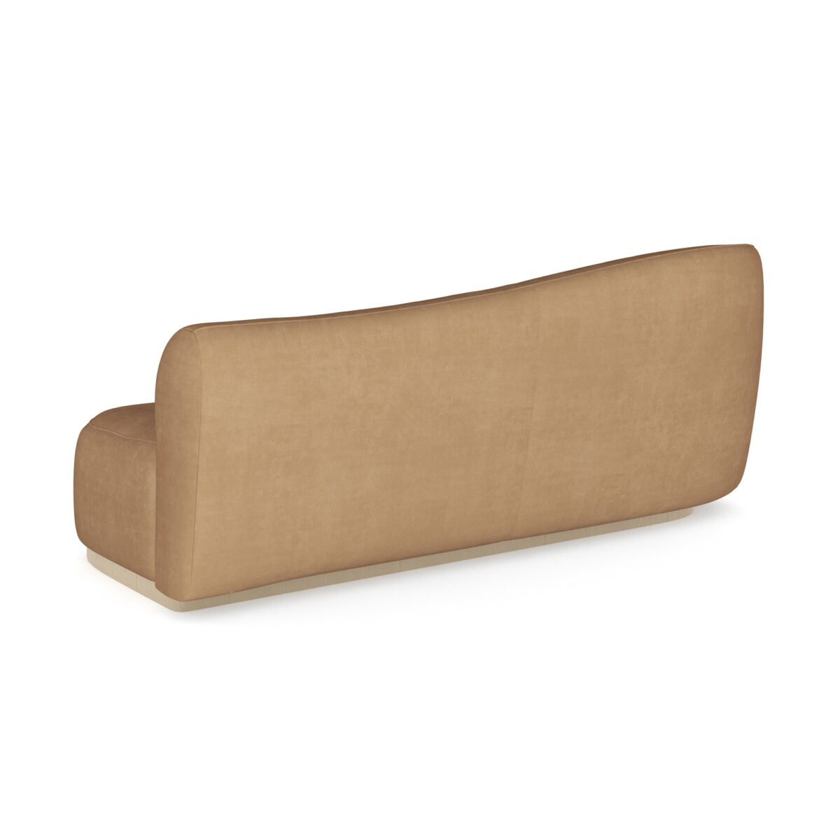 Caracole Kalahari LAF Sofa featuring a sculptural, serpentine open seat design, fully upholstered in camel-colored angora-like velvet, with a base finished in Sparkling Argent.