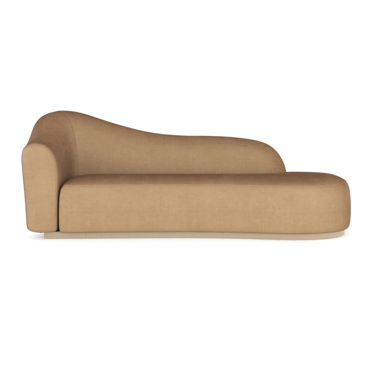 Caracole Kalahari RAF Chaise featuring a serpentine open seat design, fully upholstered in camel-colored angora-like velvet, with a base finished in Sparkling Argent.