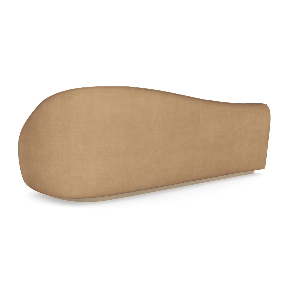 Caracole Kalahari RAF Sofa featuring a serpentine open seat, fully upholstered in camel-colored angora-like velvet, with a base finished in Sparkling Argent.