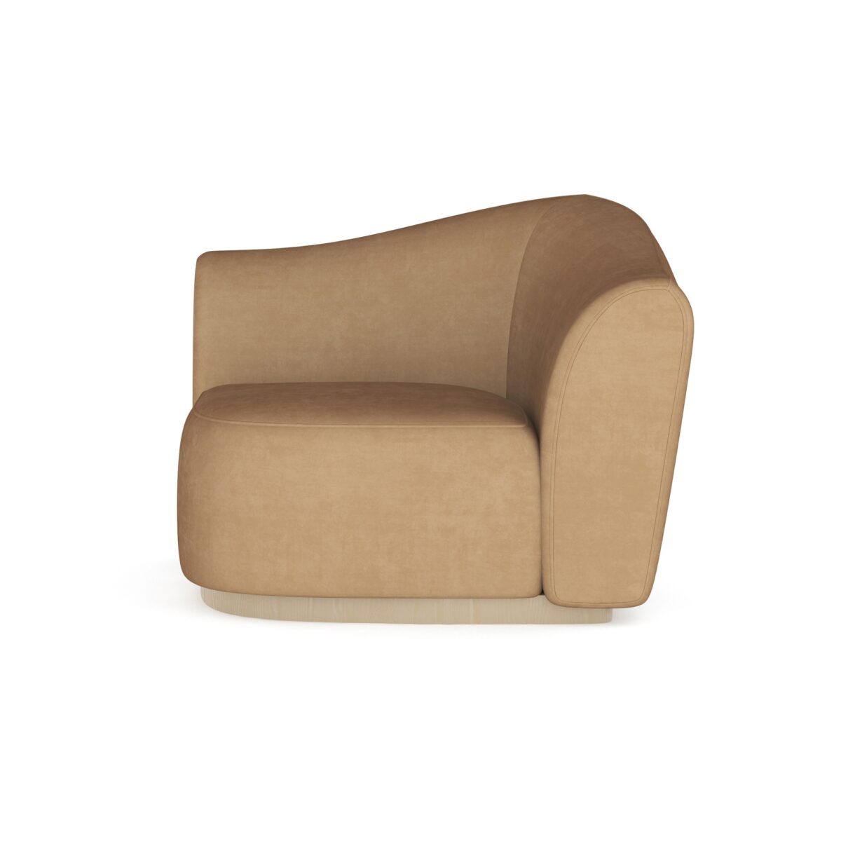 Caracole Kalahari Wedge featuring a triangular design, fully upholstered in camel-colored angora-like velvet, with a base finished in Sparkling Argent, designed to seamlessly connect two Kalahari sofas in an L-shaped sectional.