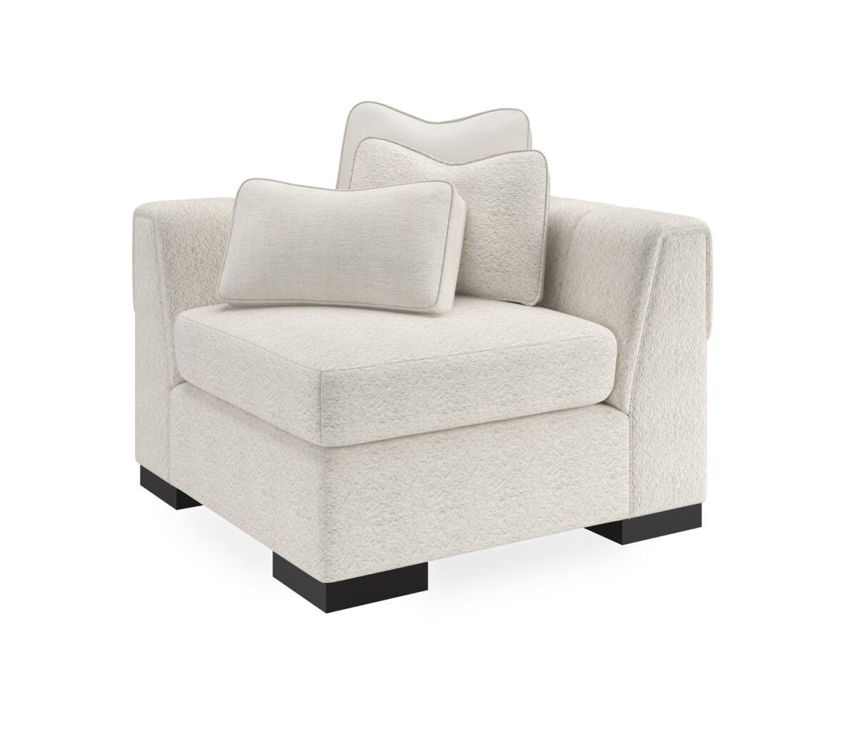 Caracole Edge Corner with loose seat cushions, tight back, and Satin Ebony wood feet, offering a sleek, contemporary design.