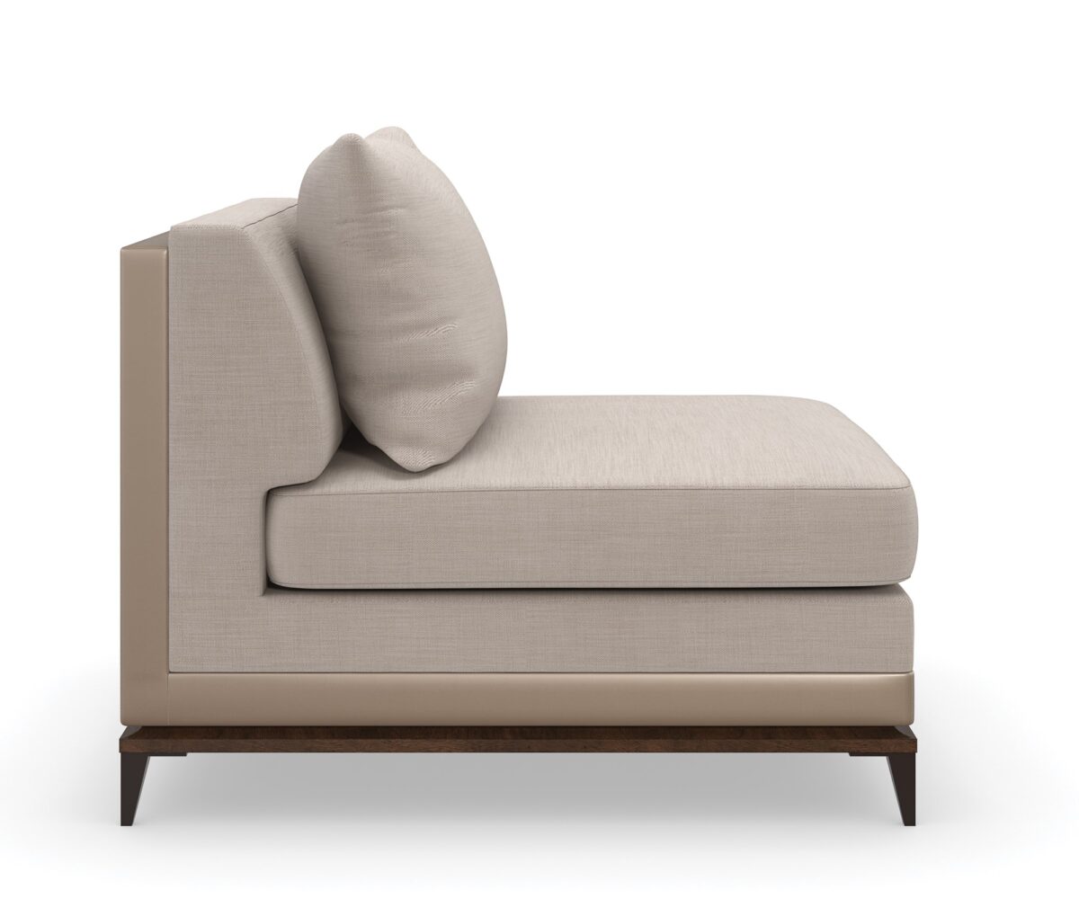 Caracole Archipelago Armless Chair featuring neutral twill upholstery with faux leather accents, exposed Bourbon Glaze wood base, and Deep Bronze metal legs, complemented by a reversible saffron velvet and embroidered geometric pillow.