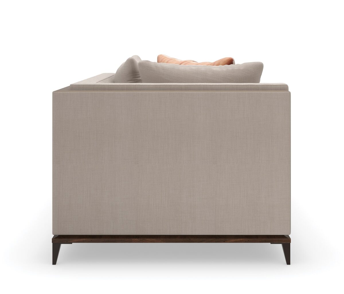 Caracole Archipelago LAF Loveseat featuring neutral twill upholstery with faux leather accents, exposed Bourbon Glaze wood base
