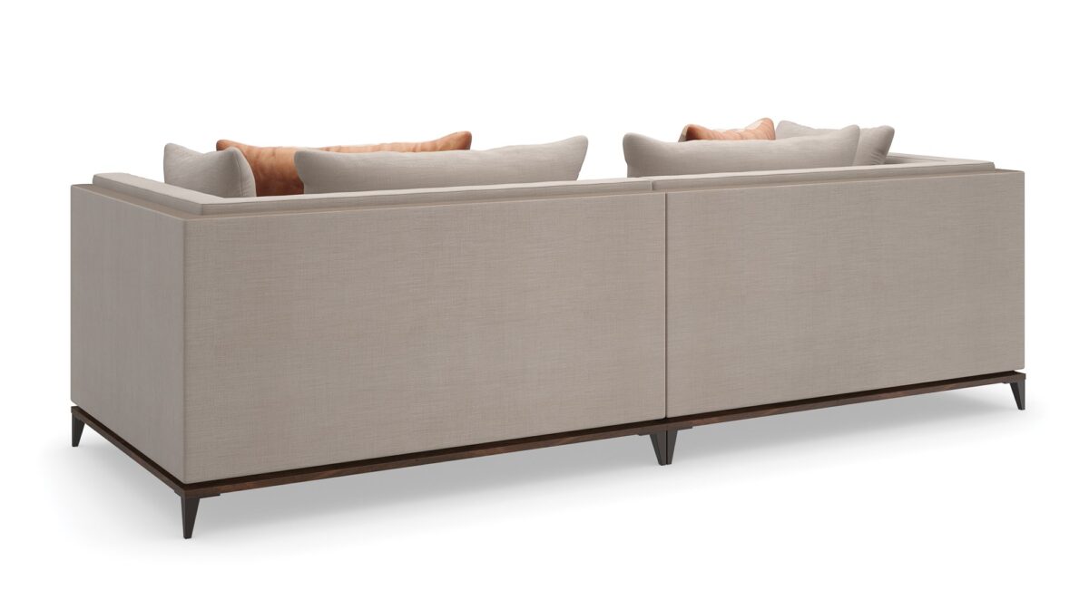 Caracole Archipelago RAF Loveseat featuring neutral twill upholstery with faux leather accents, exposed Bourbon Glaze wood base, Deep Bronze