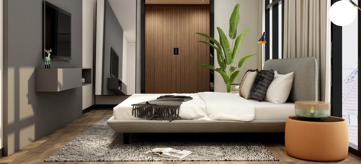 Modern platform bed with slim frame and padded headboard by Camerich.