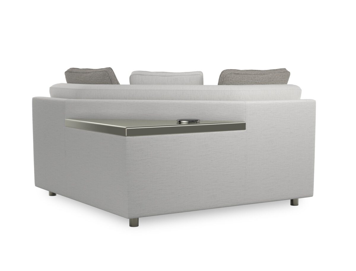 Caracole I'm Shelf-ish Corner Sofa featuring a neutral linen-like fabric with a modern herringbone pattern, wide shelf-arm design, concealed pop-up charging station, and Smoked Sable-finished Fumed Gum wood base.