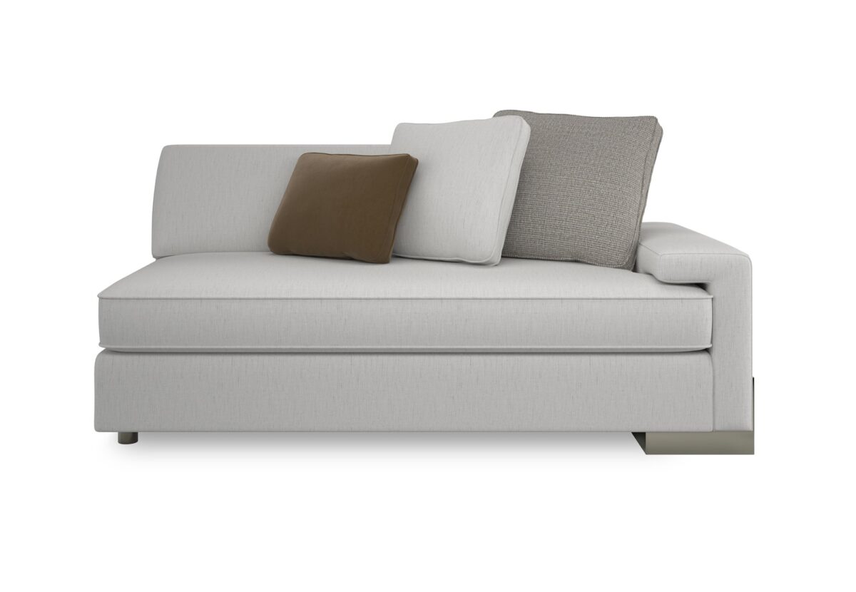 Caracole I'm Shelf-ish RAF Sofa featuring a neutral linen-like fabric with a modern herringbone pattern, wide shelf-arm design, concealed pop-up charging station, and Smoked Sable-finished Fumed Gum wood base.