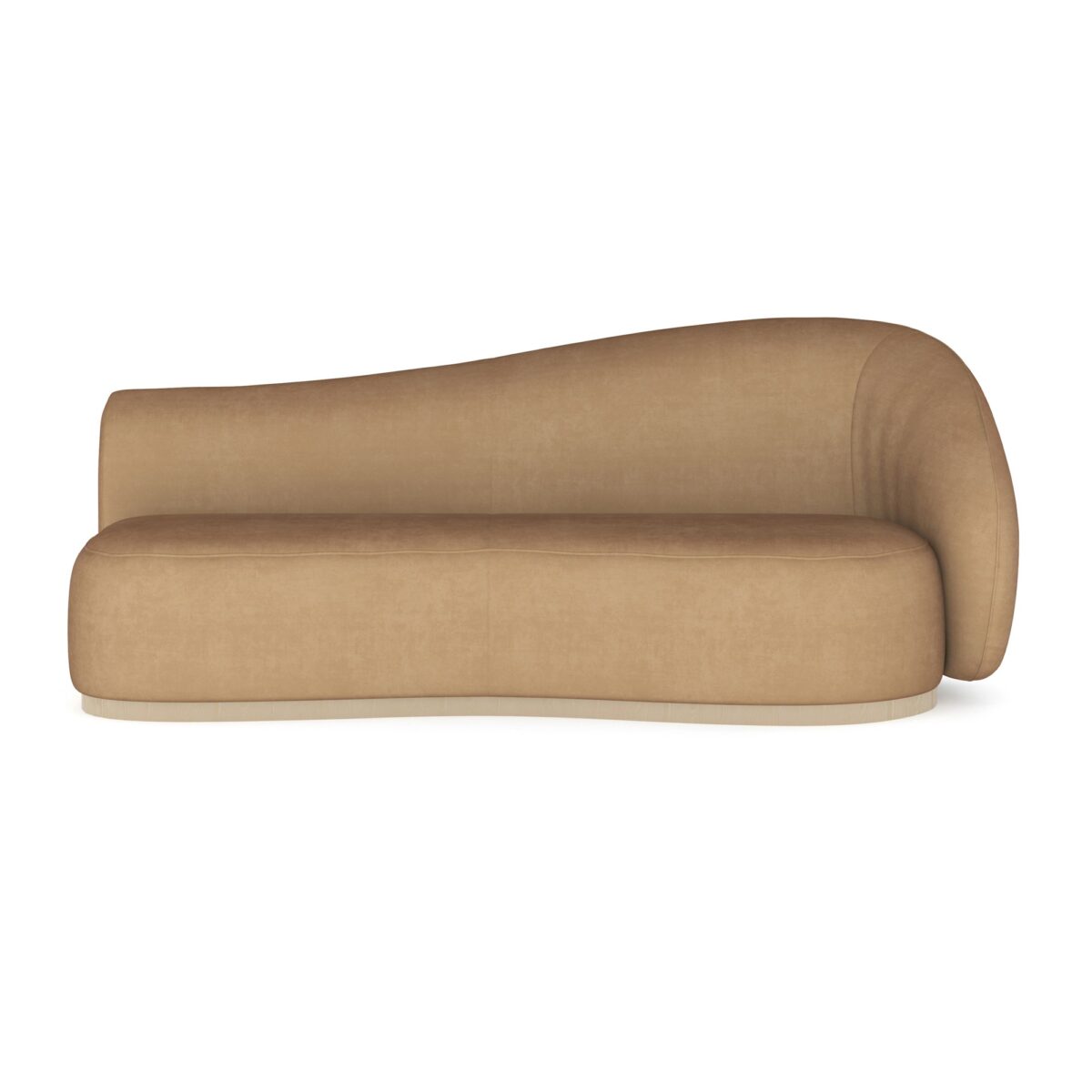 Caracole Kalahari RAF Sofa featuring a serpentine open seat, fully upholstered in camel-colored angora-like velvet, with a base finished in Sparkling Argent.