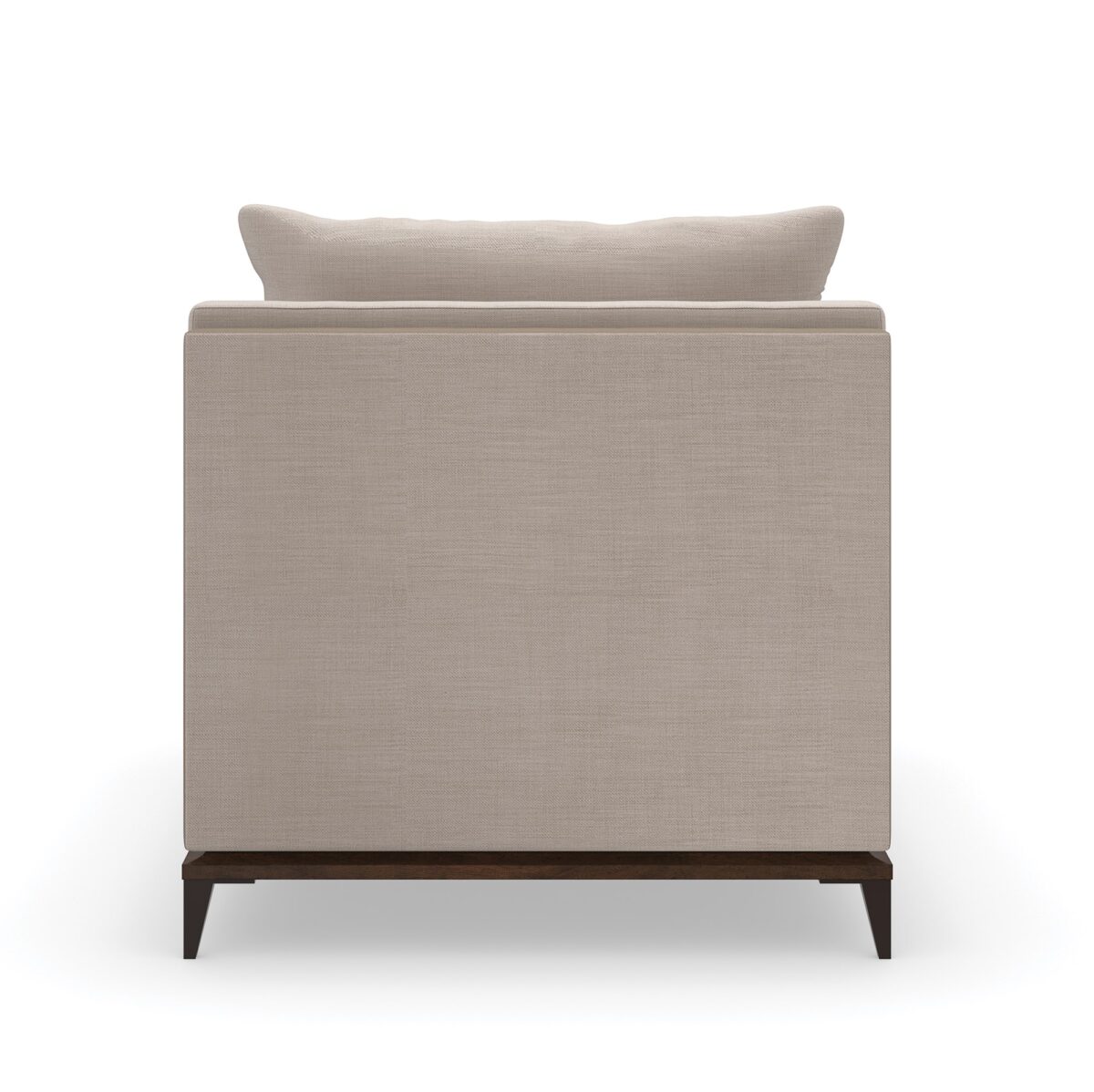 Caracole Archipelago Armless Chair featuring neutral twill upholstery with faux leather accents, exposed Bourbon Glaze wood base, and Deep Bronze metal legs, complemented by a reversible saffron velvet and embroidered geometric pillow.