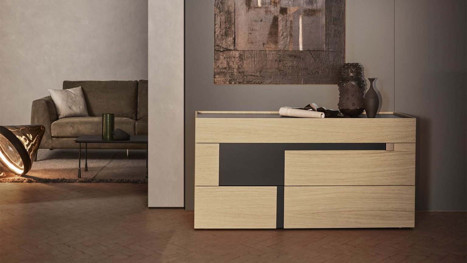 “Logos by Pianca luxury Italian cabinet – sleek silhouette and textured facade for modern interiors”