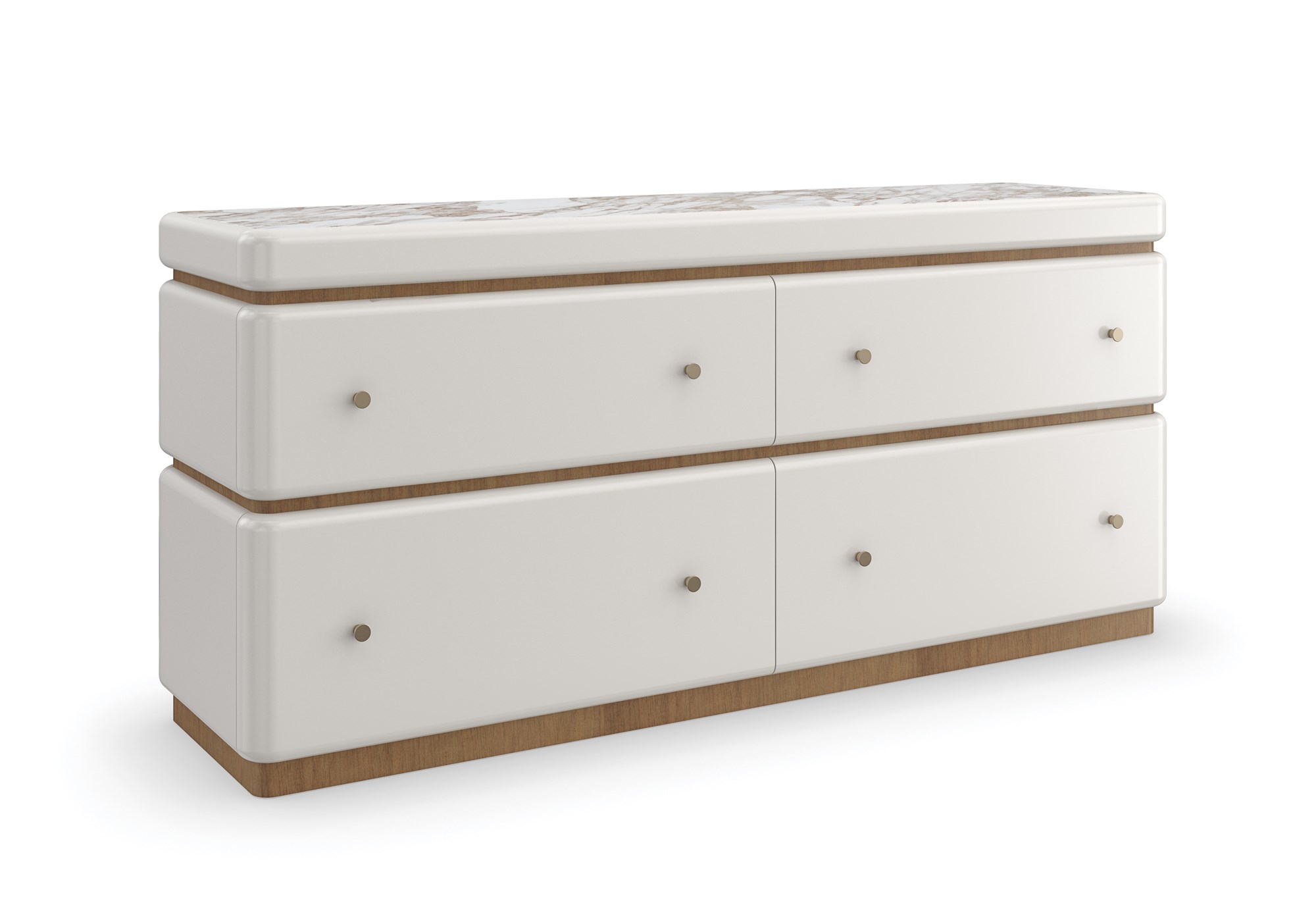 Milos Dresser by Caracole — a 65″‑wide modern dresser in Almond Milk finish with gently rounded stacked silhouette, featuring four soft‑close drawers trimmed in Toasted Pecan, topped with Calacatta Oro marble, and equipped with a removable felt‑lined tray in the top drawer.