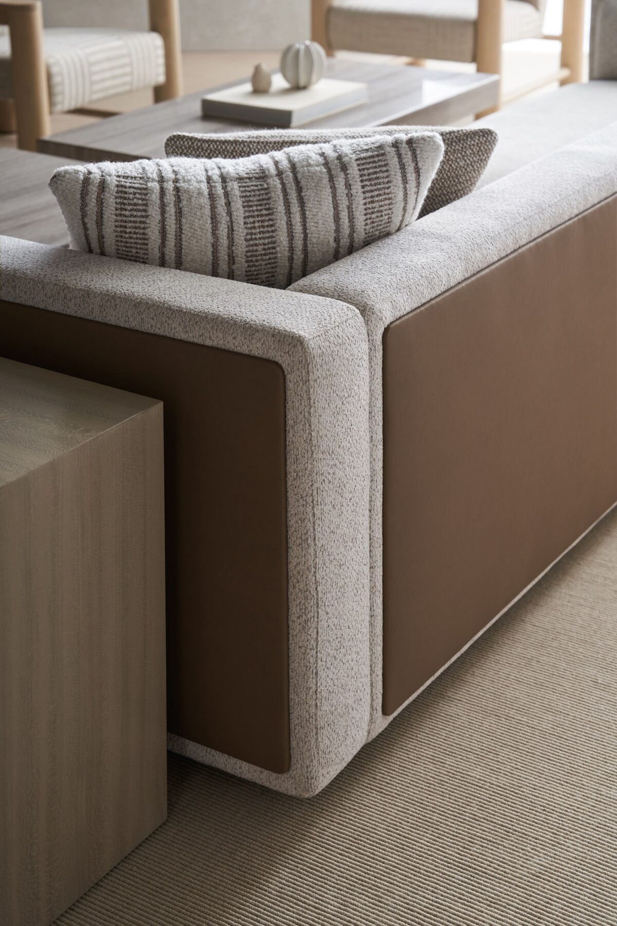 The Unity Left Arm Loveseat by Caracole (model M140-022-LL1-A) is a refined modular piece from the Caracole Modern Principles collection. It embodies a modern European aesthetic, characterized by clean lines, organic tones, and a harmonious blend of textures.