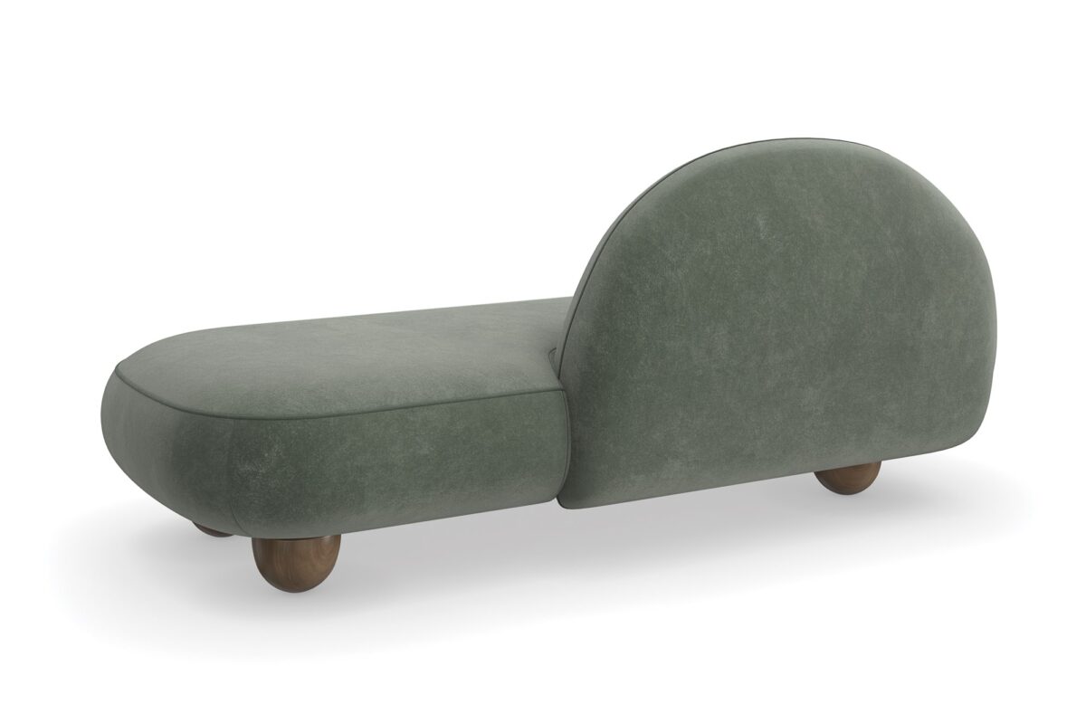 The Cypress Chaise by Caracole (model M150-023-071-A) is a luxurious, Memphis-inspired piece that combines sculptural elegance with plush comfort. Its cloud-like silhouette and rich verdigris mohair-velvet upholstery make it a standout addition to any interior.