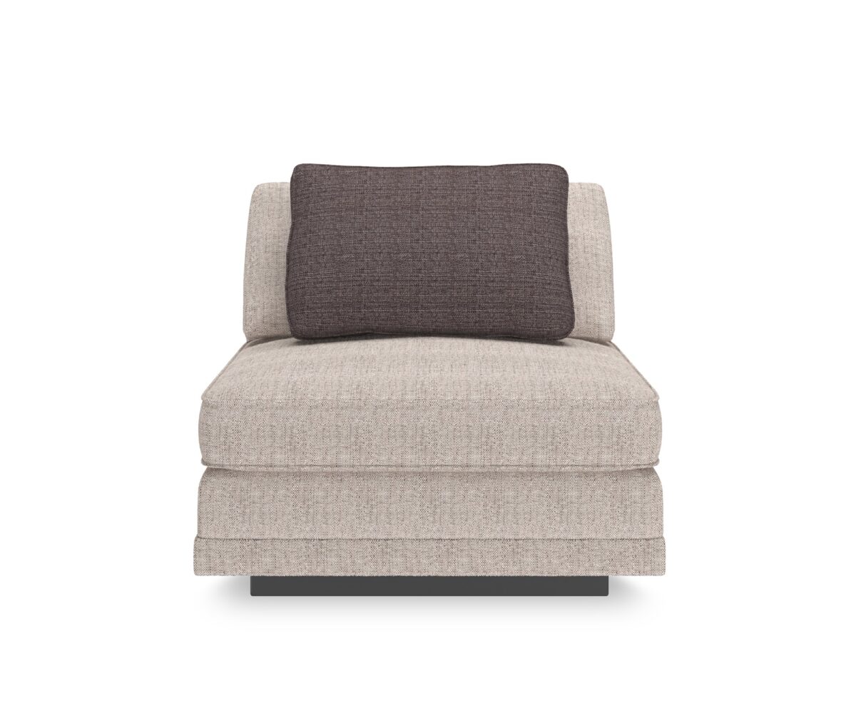 Caracole Fusion Armless Chair with neutral oatmeal tweed upholstery, a deep gunmetal grey accent pillow, and a recessed wood plinth base in Simply Black.