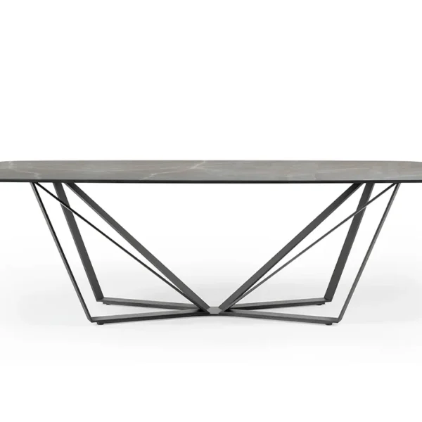 Papillon 72 by Reflex showcased in Royal Oak Michigan showroom, modern Italian luxury dining table with sculptural iron base and glass top.