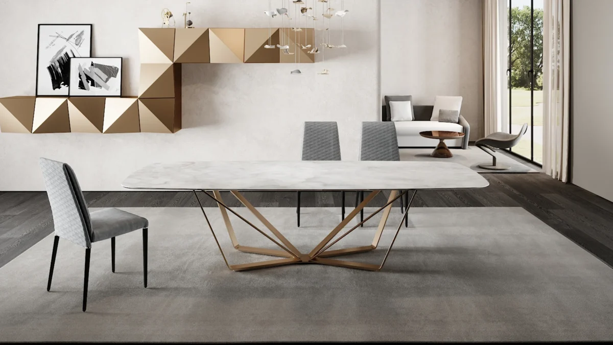 Papillon 72 by Reflex showcased in Royal Oak Michigan showroom, modern Italian luxury dining table with sculptural iron base and glass top.