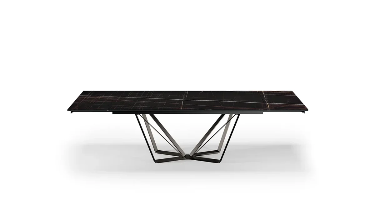 Papillon 72 by Reflex showcased in Royal Oak Michigan showroom, modern Italian luxury dining table with sculptural iron base and glass top.