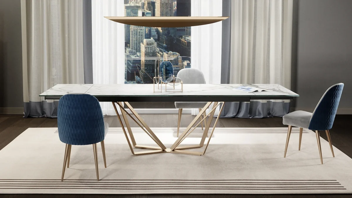 Papillon 72 by Reflex showcased in Royal Oak Michigan showroom, modern Italian luxury dining table with sculptural iron base and glass top.