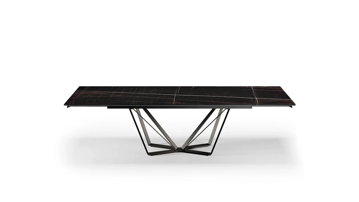 Papillon 72 Allungabile by Reflex showcased in Royal Oak Michigan showroom, modern Italian luxury extendable dining table with sculptural iron base and MarmoReflex top.