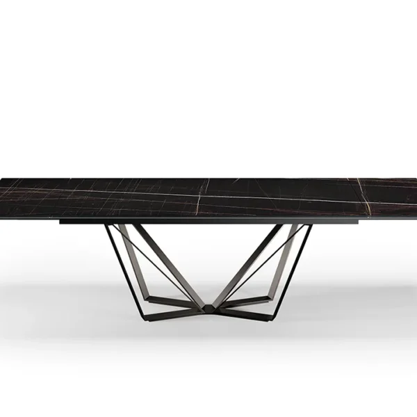 Papillon 72 Allungabile by Reflex showcased in Royal Oak Michigan showroom, modern Italian luxury extendable dining table with sculptural iron base and MarmoReflex top.