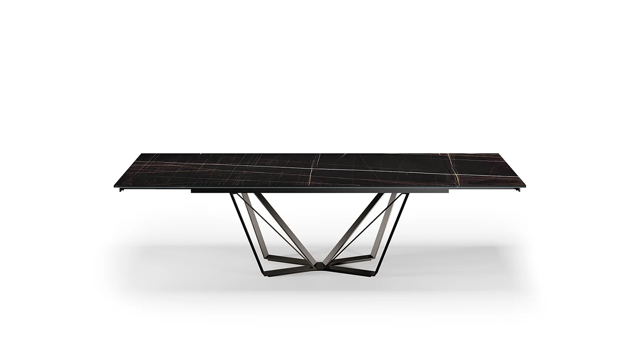 Papillon 72 Allungabile by Reflex showcased in Royal Oak Michigan showroom, modern Italian luxury extendable dining table with sculptural iron base and MarmoReflex top.
