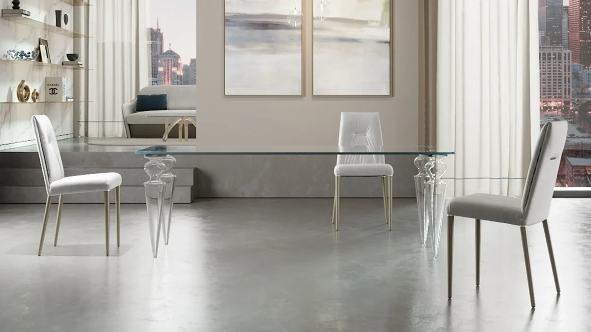 Gran Canal 72 by Reflex showcased in Royal Oak Michigan showroom, modern Italian luxury dining table with Murano glass legs and glass top.