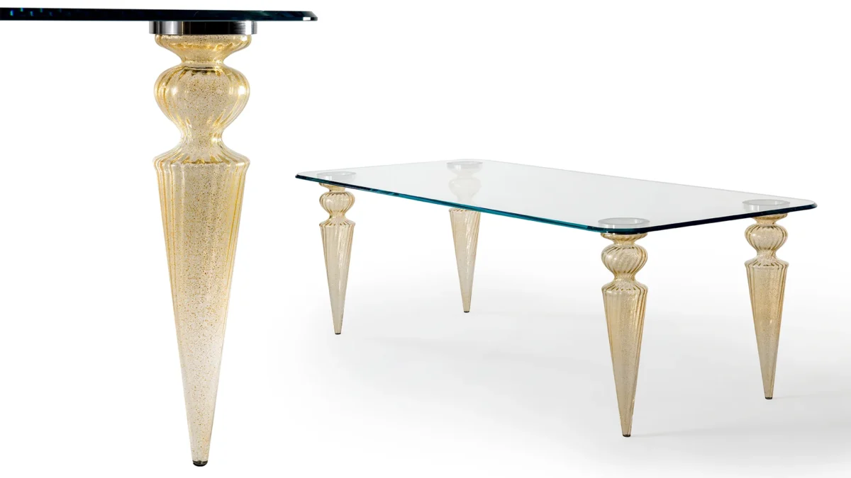 Gran Canal 72 by Reflex showcased in Royal Oak Michigan showroom, modern Italian luxury dining table with Murano glass legs and glass top.